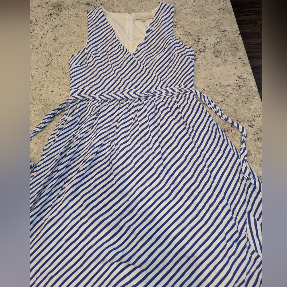 LOFT Nautical Blue White Stripe Faux Wrap Tie Waist Dress Size 6 Pockets - Picture 6 of 13